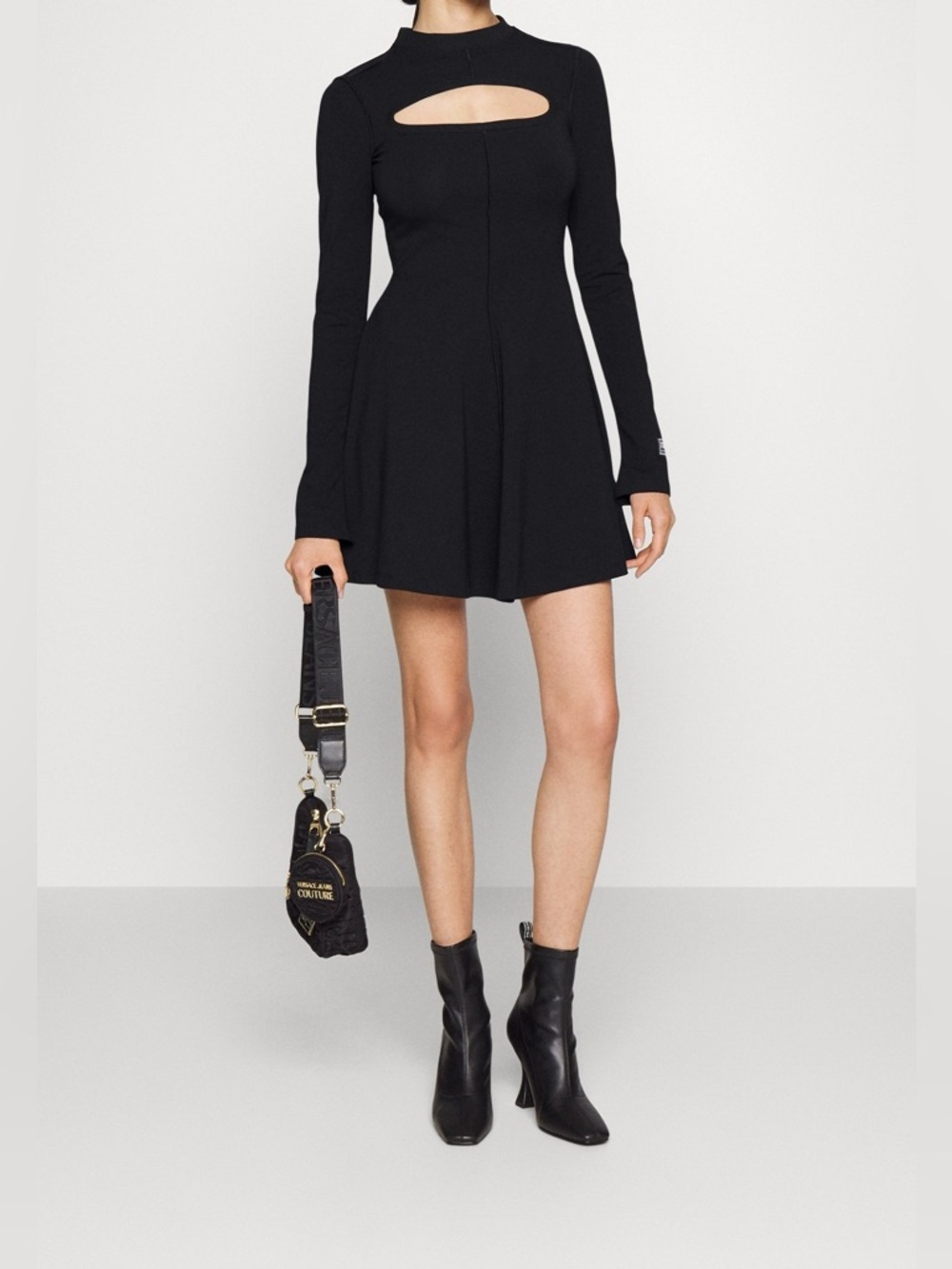 NWT Versace Jeans Couture Black Cutout Mini Dress Long Sleeve Fit & Flare Size 2